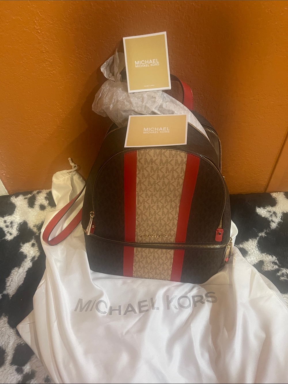 Michael Kors Brown & Red Signature Stripe Dome Backpack